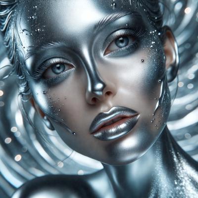 The primary subject of the image is a woman with silver makeup, which gives her a futuristic and metallic appearance. She is wearing silver lipstick and has silver glitter on her face. The setting is a futuristic environment, possibly a space or a futuristic city. The visual style is digital art, as the woman's makeup and the overall composition of the image are created using digital tools. The colors and mood of the image are predominantly silver and metallic, giving it